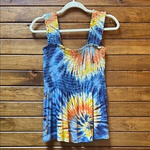 BiBi Blue and Orange Smocked Sleeveless Tank Top
